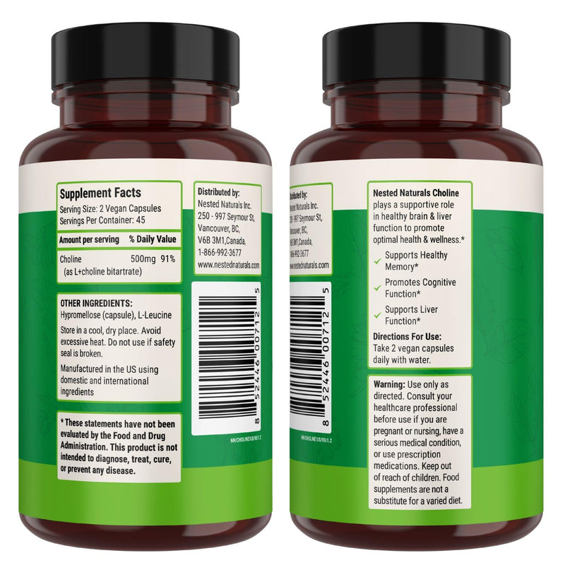 Nested Naturals Choline Bitartrate 500mg Per Serving - High Potency Choline Supplements - Supports Cognitive Performance & Liver Function - 100% Vegan & Non-GMO Choline - 90 Vegan Capsules 90 Count (Pack of 1)