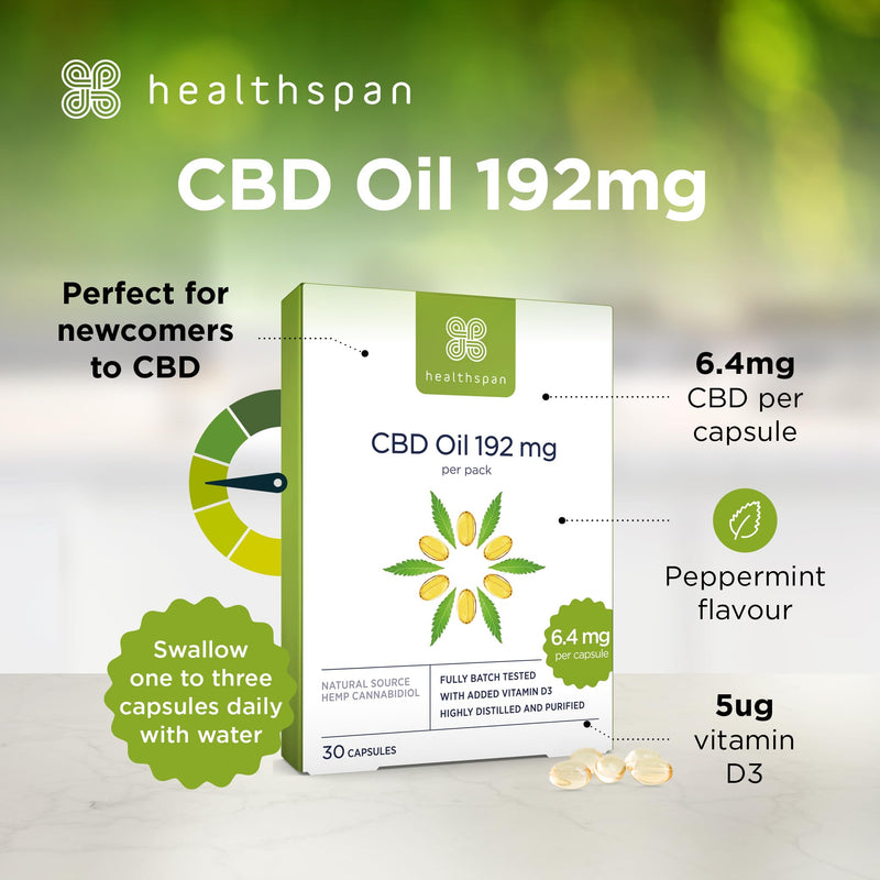 Healthspan CBD Oil Capsules 192mg | 6.4 mg Pure CBD Oil Capsules | 192 mg CBD per Pack | Enriched with Vitamin D | Supports Your Muscles