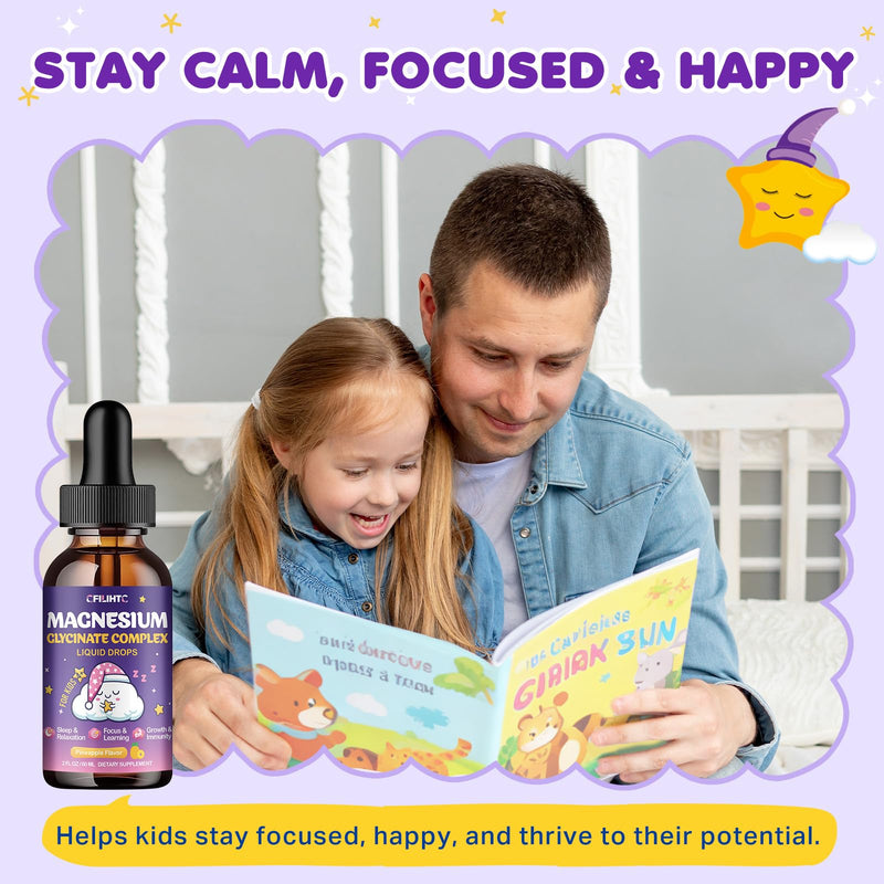 2 Pack Magnesium Glycinate Liquid for Kids - Magnesium Bisglycinate Drops with L-Theanine, Chamomile & Vitamin B6, B12, C, D3 for Sleep, Relaxation, Immune Support, Calm & Focus - 4 Fl Oz, Pineapple 2 Fl Oz (Pack of 2)