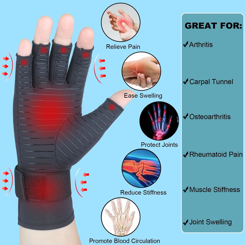 [Australia] - Copper Arthritis Gloves with Adjustable Wrist Strap for Women Men, Fingerless Compression Gloves for Arthritis, Carpal Tunnel, Pain Relief, Swelling, Rheumatoid, Typing (Large/X-Large) Large/X-Large (1 Pair) Black - Open Finger 