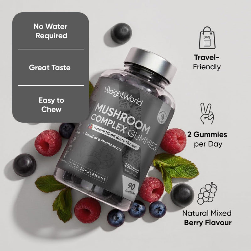Mushroom Gummies - 90 Gummies - 45 Days Supply - 8-in-1 Complex - 2500mg - Lions Mane, Reishi, Chaga, Shiitake & Maitake - Vegan Mushroom Complex Gummies for Women & Men - Natural Mixed Berry Flavour