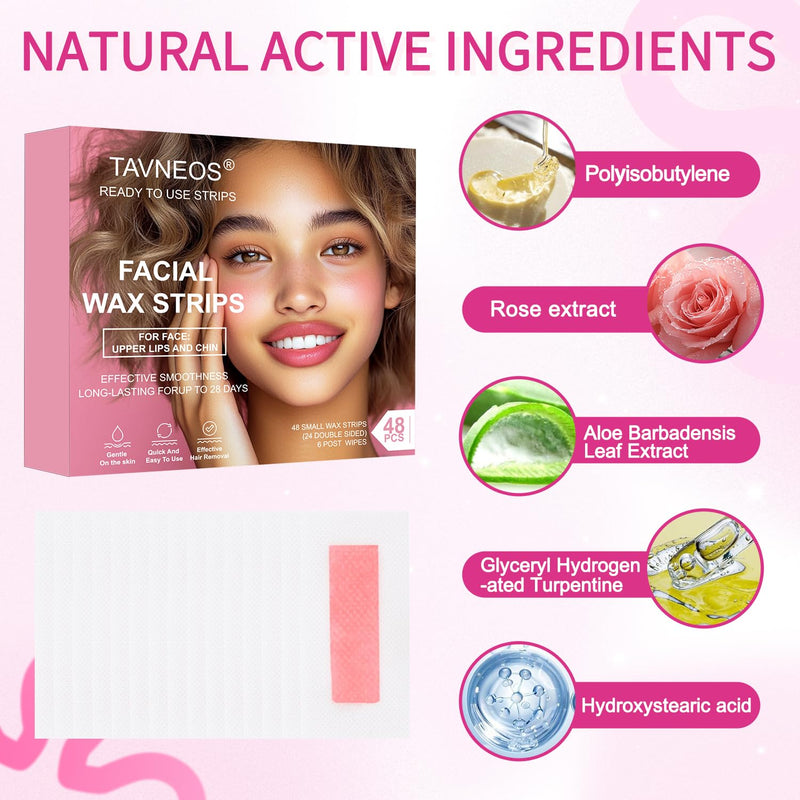 [Australia] - 48 PCS Facial Wax Strips with Rose Extract - Gentle Hair Removal for Face & Body for Women - At Home Waxing Kit with 6 Calming Oil Wipes for Sensitive Skin, Eyebrows, Upper Lip, Bikini Rose pink 1 Count (Pack of 48) 