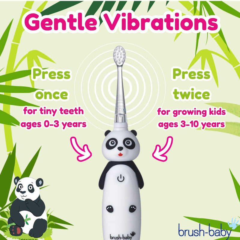 [Australia] - BrushBaby - WildOnes - Kids Rechargeable Electric Toothbrush, Ages 0-10 - Pan-Pan Panda Design with Flashing Lights - DeepClean Bristles for Superior Cleaning - 2 Replacement Brush Heads, 1 USB Cable 