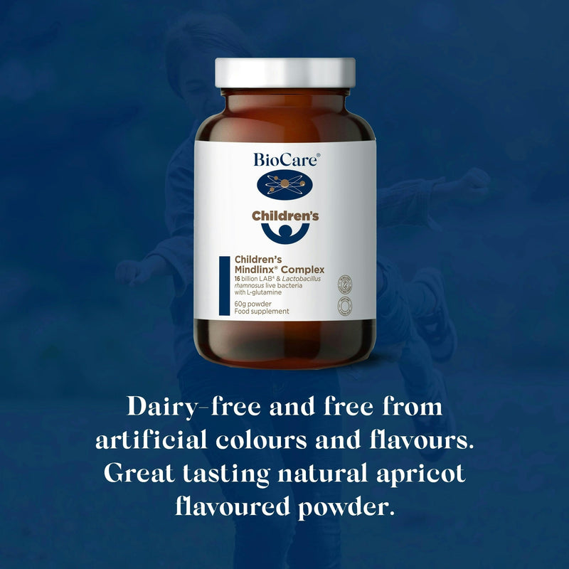 BioCare Children's Mindlinx Complex - 16 Billion LAB4 & Lactobacillus Rhamnosus Live Bacteria, with L-glutamine - Apricot Flavour - Vegan Friendly - 60g Powder