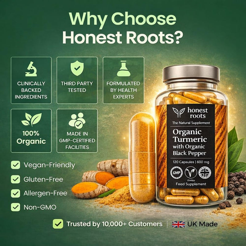 Honest Roots Organic Turmeric Curcumin Capsules with Black Pepper – 600mg per Serving – 120 Vegan Capsules (2 Month Supply) – High Strength Curcuma Longa Supplement – Made in UK