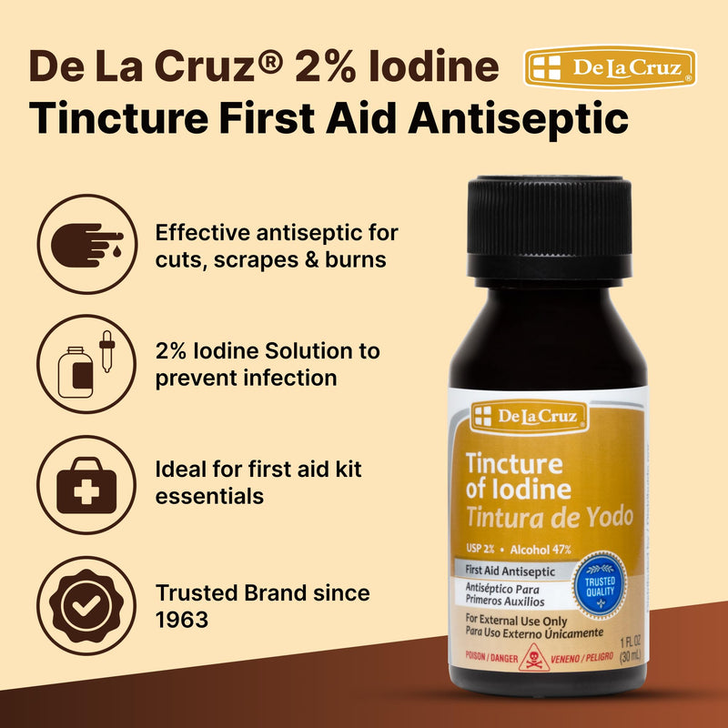 [Australia] - De La Cruz 2% Iodine First Aid Antiseptic, Made in USA 1 FL OZ (1 Bottle) 1 Fl Oz (Pack of 1) 