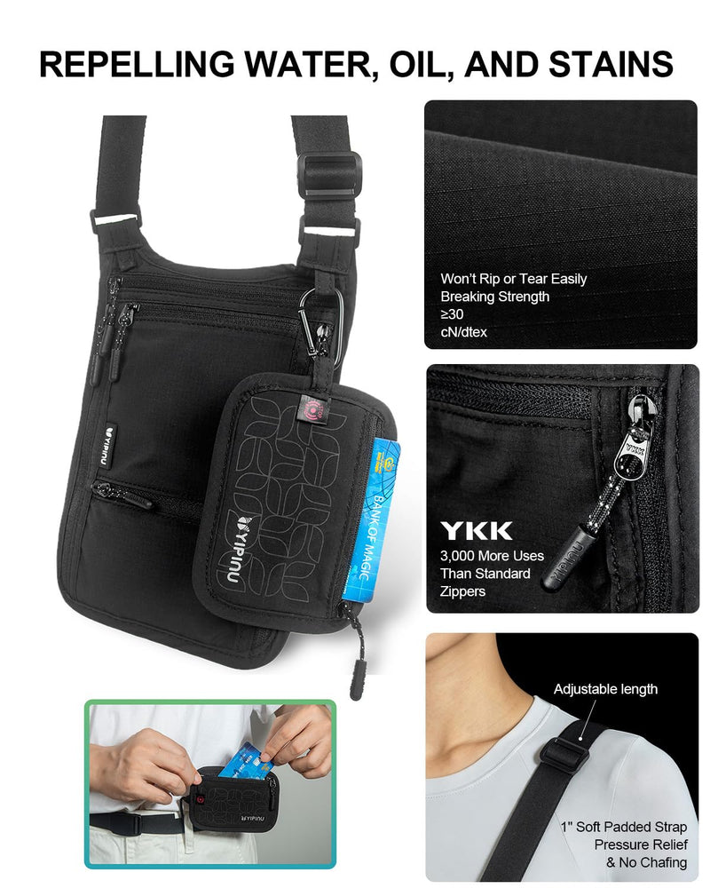 Travel Neck Wallet, RFID Blocking Passport Holder, Secure Dual Strap | Easy to Conceal Travel Pouch, Concealed Travel Wallet for Men, Women & Family, Water Resistant Black