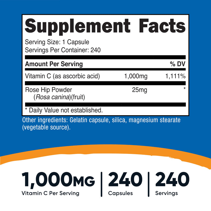Nutricost Vitamin C with Rose Hips 1025mg, 240 Capsules - Vitamin C 1,000mg, Rose Hips 25mg, Premium, Non-GMO, Gluten Free Supplement