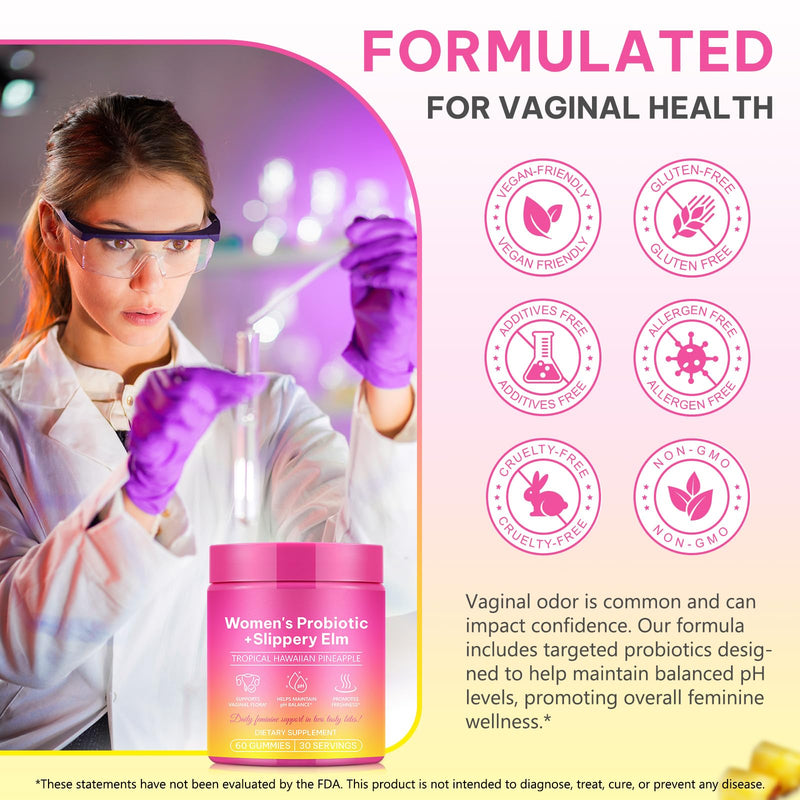 Feminine Probiotics Gummies,Vaginal Women Probiotic,Feminine Balance pH Gummies for Healthy Odor,Improve Immune,Support Vaginal Health,with Slippery Elm(60 Gummies) 60 Count (Pack of 1)
