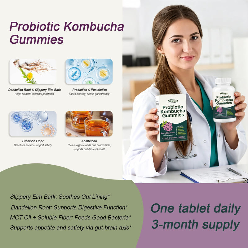 90 Vegan Probiotics Kombucha Gummies | Prebiotics, Probiotics, Postbiotics, Supplement with Fibre, Slippery Elm, Dandelion Root & MCT Oil | Supports Gut Health & Bloating for Men & Women