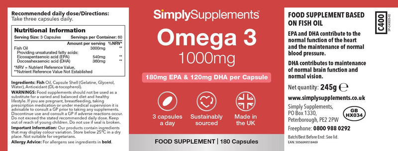 Pure Omega 3 1000mg Capsules | Supports Heart, Brain & Eye Health | Rich in Omega 3 Fatty Acids | 540mg of EPA and 360mg of DHA per Serving | 180 Capsules = 2 Months’ Supply | Made in The UK Unflavoured 1 count (pack of 180)