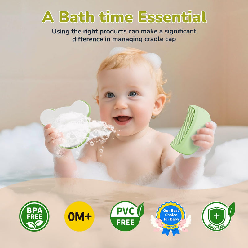[Australia] - Cloud Baby Cradle Cap Brush Kit, 3-in-1 Cradle Cap Treatment Set with Soft Brush, Curved Comb & Sponge, BPA-Free, Easy to Use | Baby Bath Essentials - Extra Sponge, Serene Green 