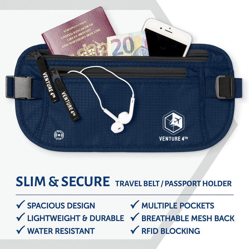 VENTURE 4TH Ultimate Travel Comfort Bundle: RFID Blocking Money Belt & Travel Blanket Pillow (Navy Money Belt & Navy-Teal Blanket/Pillow)