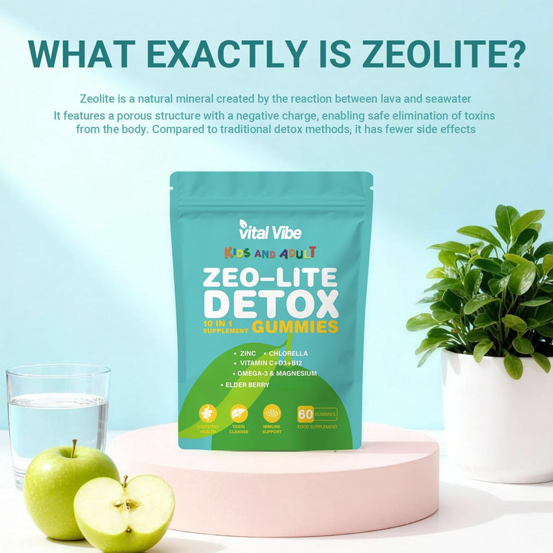 Zeolite Detox Gummies for Kids & Adult | 10-in-1 Formulated Probiotics Kids Probiotic Supplement | Vitamin D and B12 | for Immune Support & Gut Health | 60 Vegan Gummies, 2 Month Supply