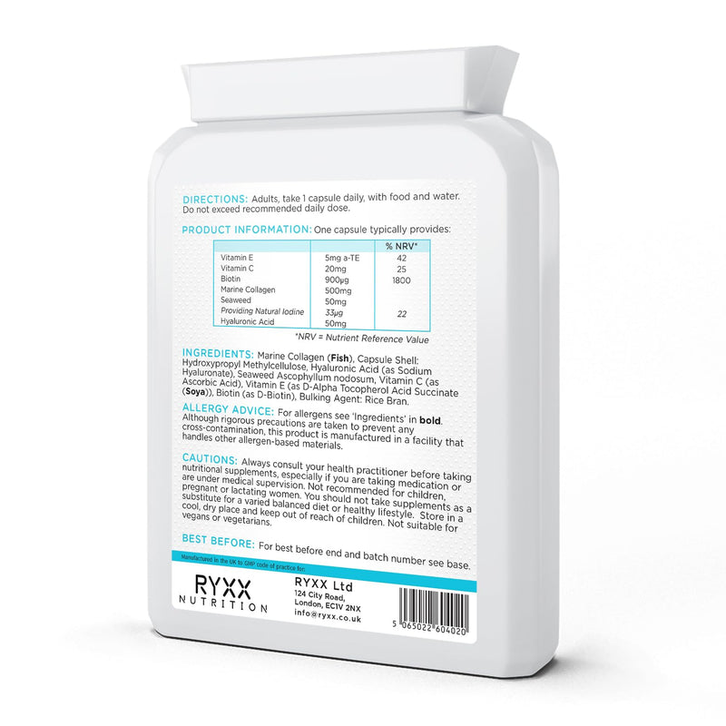 Collagen Complex+ | Marine Collagen Supplement with Hyaluronic Acid, Biotin, Vitamin C & E | Skin, Hair & Joint Support | 60 Capsules | Made in the UK by RYXX