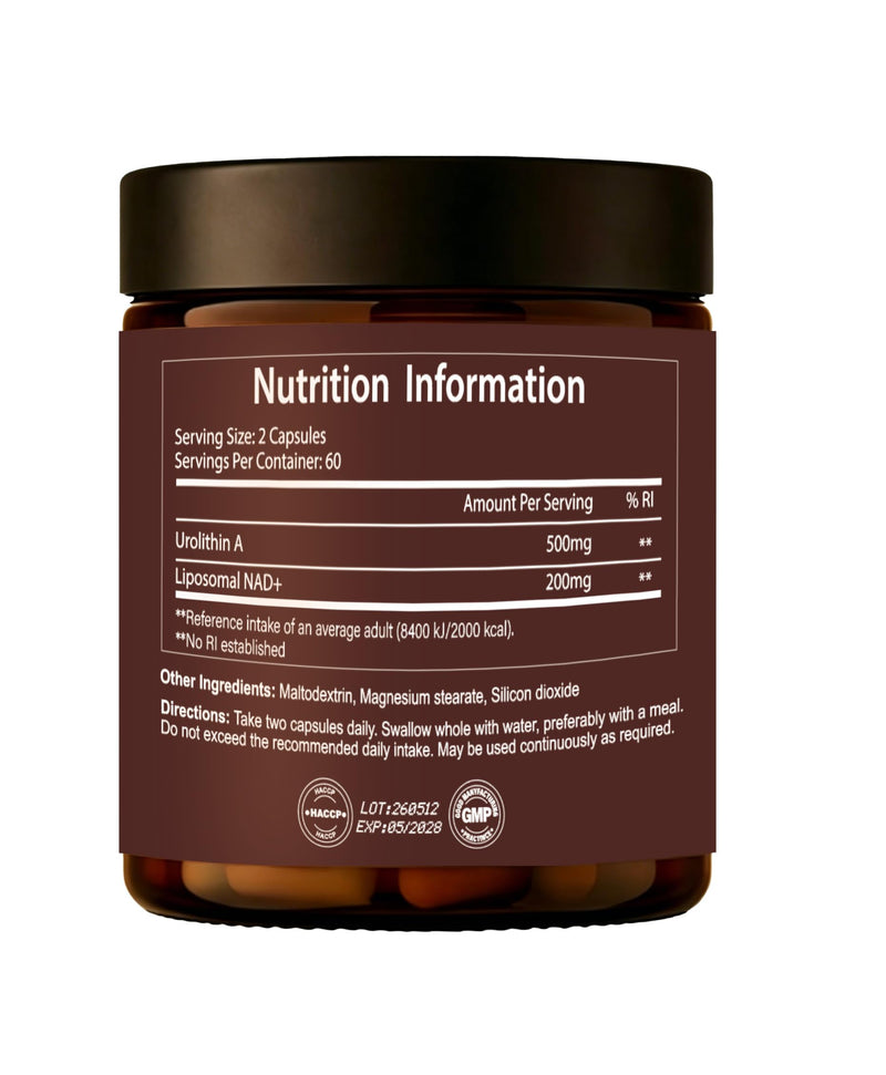 Urolithin A Supplement with NAD+, High Potency Longevity Formula, Mitochondrial Support for Healthy Aging, Energy & Muscle Strength, 120 Capsules - 2 Month Supply