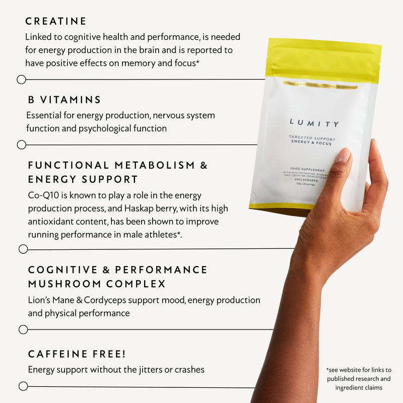 Lumity Energy & Focus Powder Multivitamin with Vitamin B6 & B12 & Lions Mane - Minerals, Biotin & Creatine Monohydrate for Cognitive Function, Enhanced Performance - Caffeine Free - 28 Servings