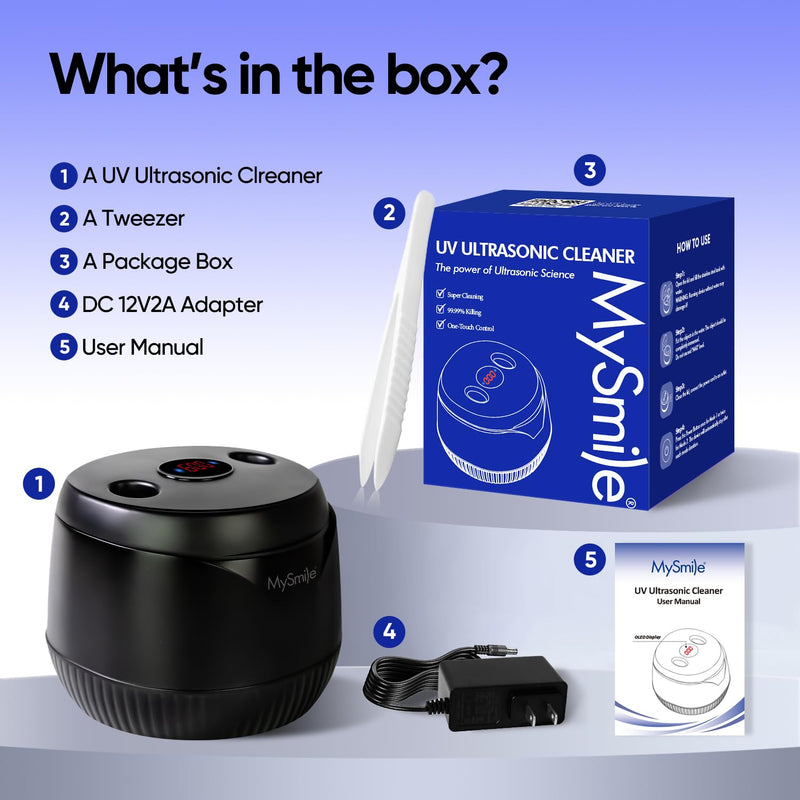 [Australia] - MySmile Ultrasonic Retainer Cleaner- 45kHz Denture Cleaner Machine with 200ML Capacity for Aligner, Mouth Guard, Braces, Portable Dental Cleaning Pod with 2 Mode Digital Timer for Home, Travel (BLACK) BLACK 