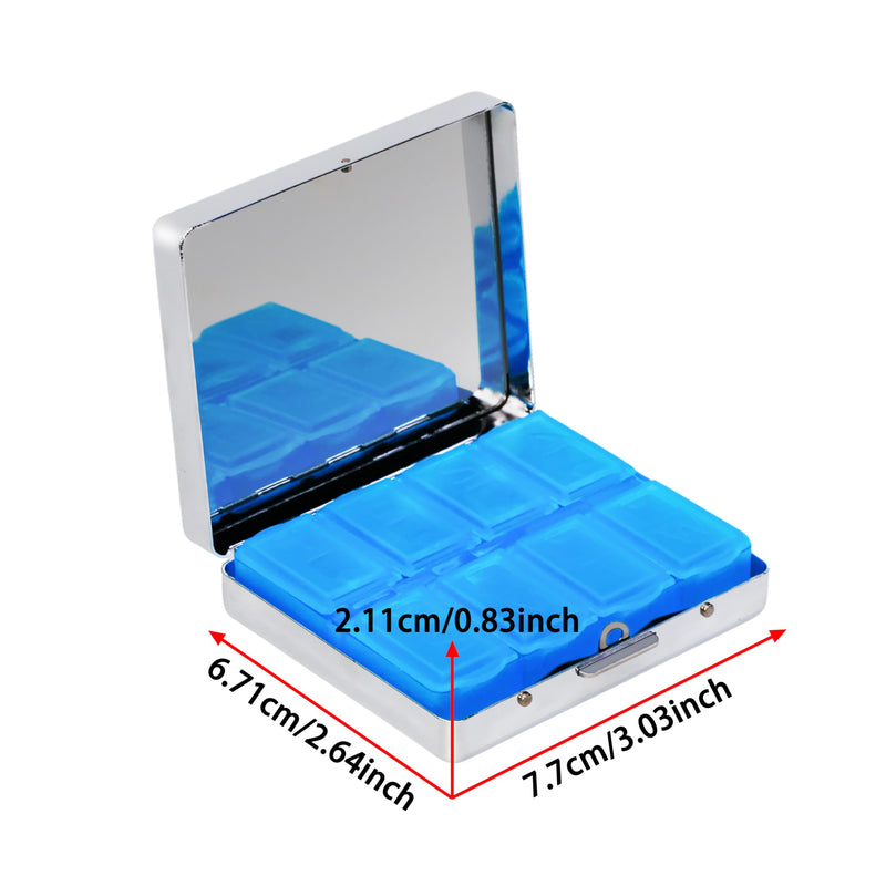 Metal Pill Organizer Box with Mirror – 8 Compartment Chrome Pill Case, Pocket-Size Travel Pill Container for Vitamins, Seniors, Daily Use (Death in Pop Style) Death in Pop Style