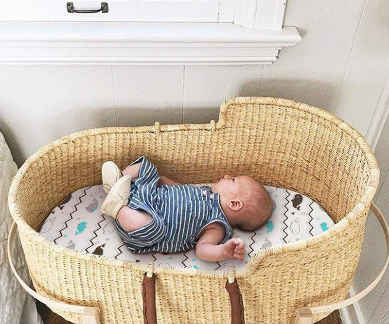 [Australia] - Stretch Fitted Bassinet Sheet Set BROLEX 2 Pack Cradle Sheets for Bassinet Pad/Mattress,Unisex Boys Girls,Ultra Soft,Elephant & Whale Grey Teal 