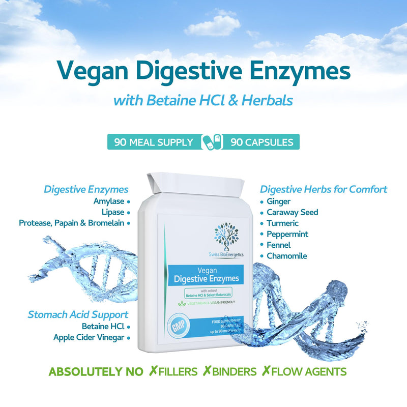 Vegan Digestive Enzymes with Betaine HCl - providing Bromelain, Amylase, Protease, Lipase, Papain, Apple Cider Vinegar, Ginger, Caraway, Turmeric, Peppermint, Fennel & Chamomile | 90 capsules, UK Made