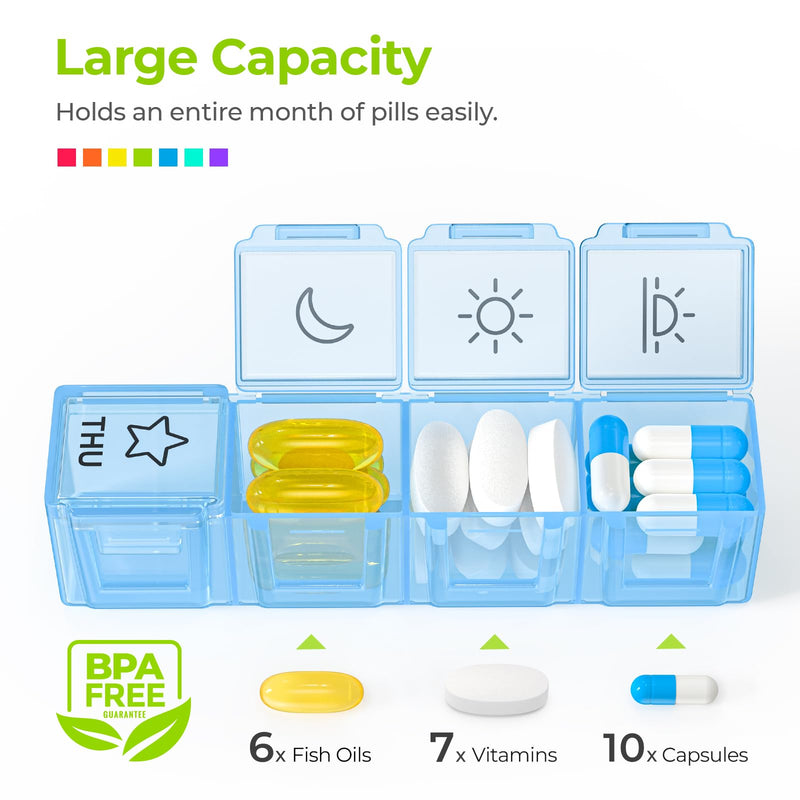 AUVON Large Moisture-Proof Weekly Pill Organizer 4 Times a Day, BPA-Free | 7 Day Pill Box Case with Portable Design for Travel, Removable Individual Containers Hold Vitamins, Supplements, Medications Light Blue