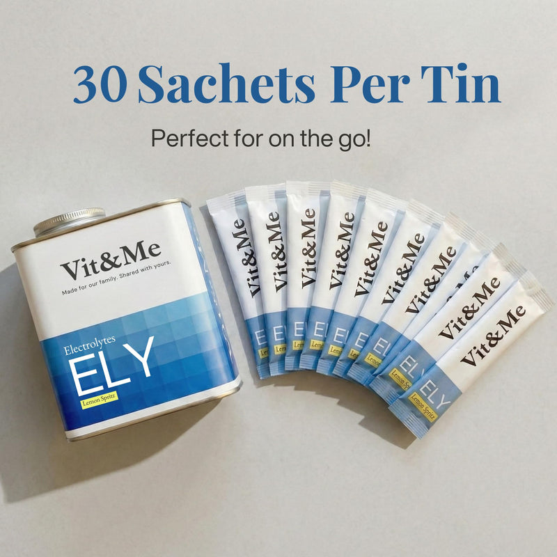 Vit&Me Electrolyte Powder Drink Mix Sachets, Hydration Electrolytes with Sodium Potassium Magnesium & Calcium, Zero Sugar Hydration Powder, Lemon Spritz Flavour, 30 Sachets Tin