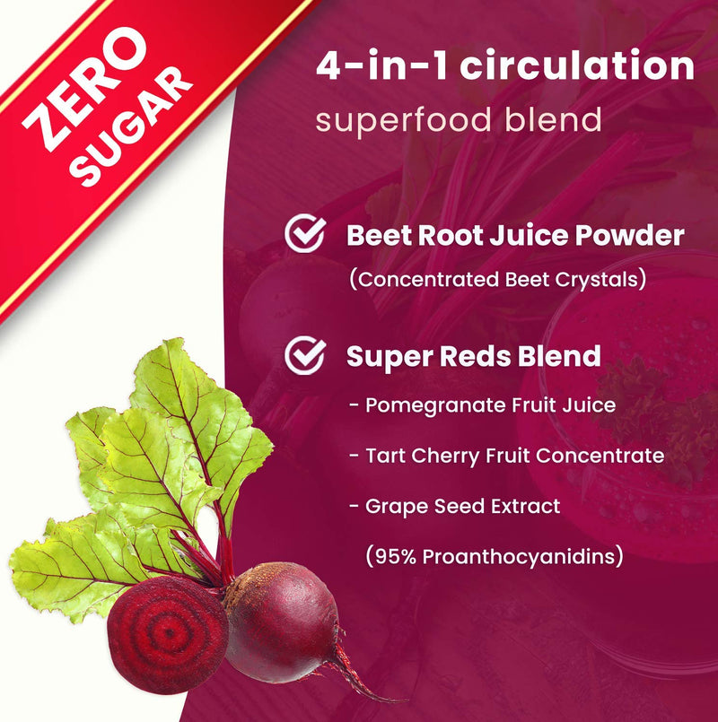 [Australia] - Beet Root Powder Circulation Supplement | Superfood Powder Nitric Oxide Supplement with Beetroot Juice, Super Reds Powder & Grape Seed Extract | No Sugar Beet Supplement 