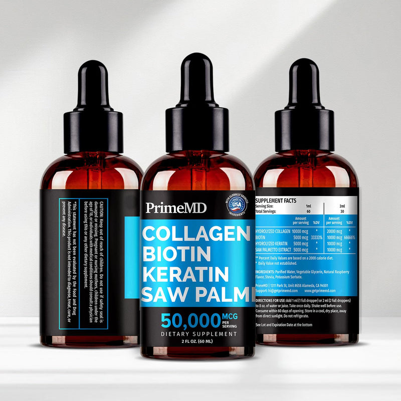 PrimeMD Collagen Peptides Serum with Biotin, Keratin & Saw Palmetto, 2oz | Hair, Skin and Nails Wellness Support, Hydrolyzed Collagen with Biotin and Keratin, Liquid Beauty Supplement Unflavored 2 Fl Oz (Pack of 1)