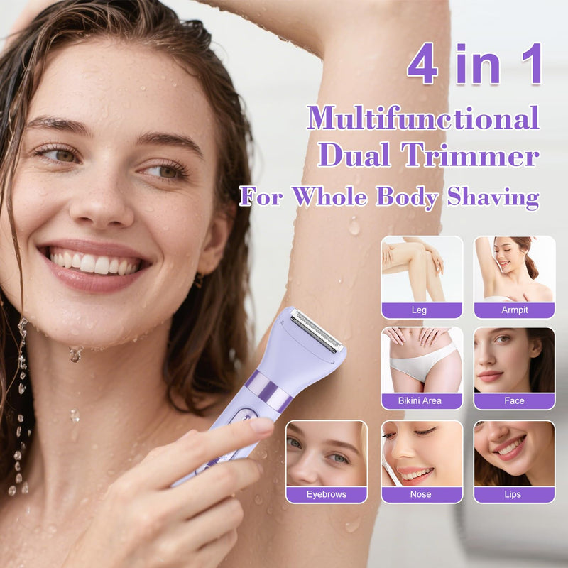 Hatteker 4-in-1 Women's Electric Razor, Dual-Head Body Hair Trimmer for Women, IPX7 Waterproof Rechargeable Bikini Trimmer & Facial Hair Remover for Legs, Armpits, Face, Nose, Eyebrows, Purple