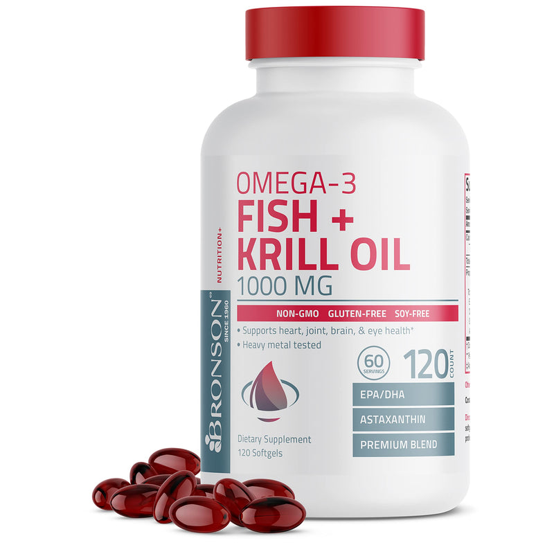 Bronson Omega-3 Fish + Krill Oil 1000 MG EPA DHA Astaxanthin Premium Blend - Joint, Brain & Eye Health - Non GMO, Heavy Metal Tested, 120 Softgels 1 Count (Pack of 120)