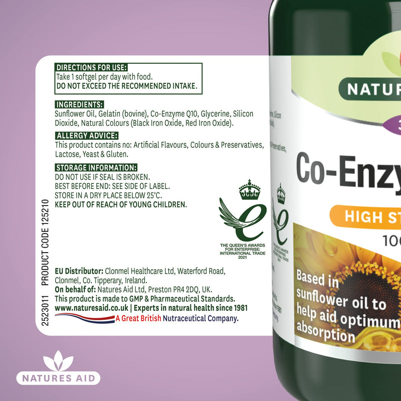 Natures Aid Co-Enzyme Q10 Co-Q-10 Tablets 100mg - Supports Heart Health Energy Production - High Potency Ubiquinone - Vegan Gluten Free Non-GMO - Pack of 30 Tablets