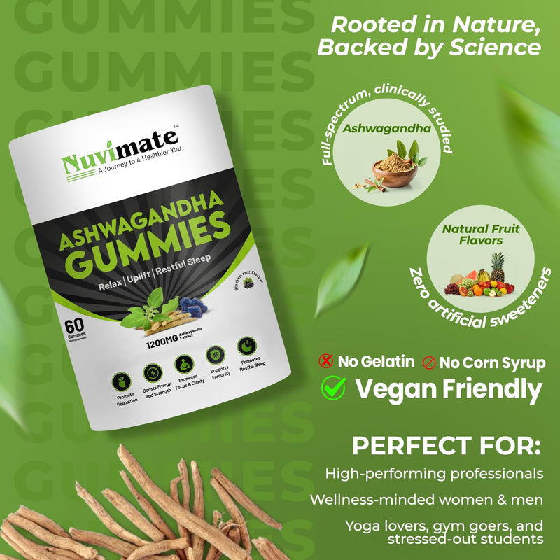 Ashwagandha Gummies Organic Pure Natural Root Extract Ayurvedic Supplement Gummy for Men & Women Support Calm Increase Energy Strength 1200mg for Superior Absorption - 60 Count
