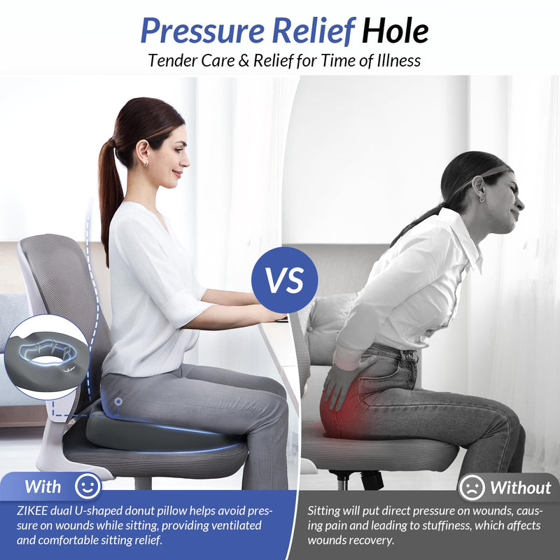 [Australia] - ZIKEE Dual U-Shaped Donut Pillow for Tailbone Pain, Hemorrhoid Pillow for Sitting with Pressure Relief Hole & Slope Design, Donut Seat Cushion for Coccyx, Postpartum & Post Surgery Sitting Relief 