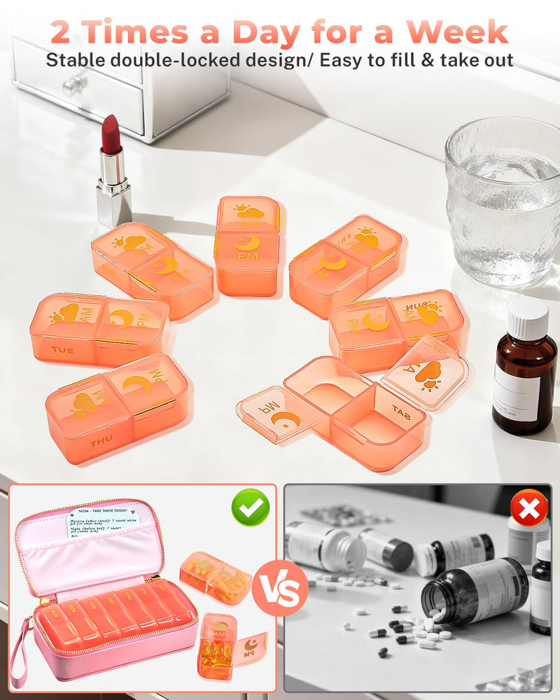 Pill Organizer 2 Times a Day (AM PM), Weekly Pill Box with PU Leather Case, Stylish Portable Medicine Organizer for Purse, Vitamins & Supplements (Pink) Pink