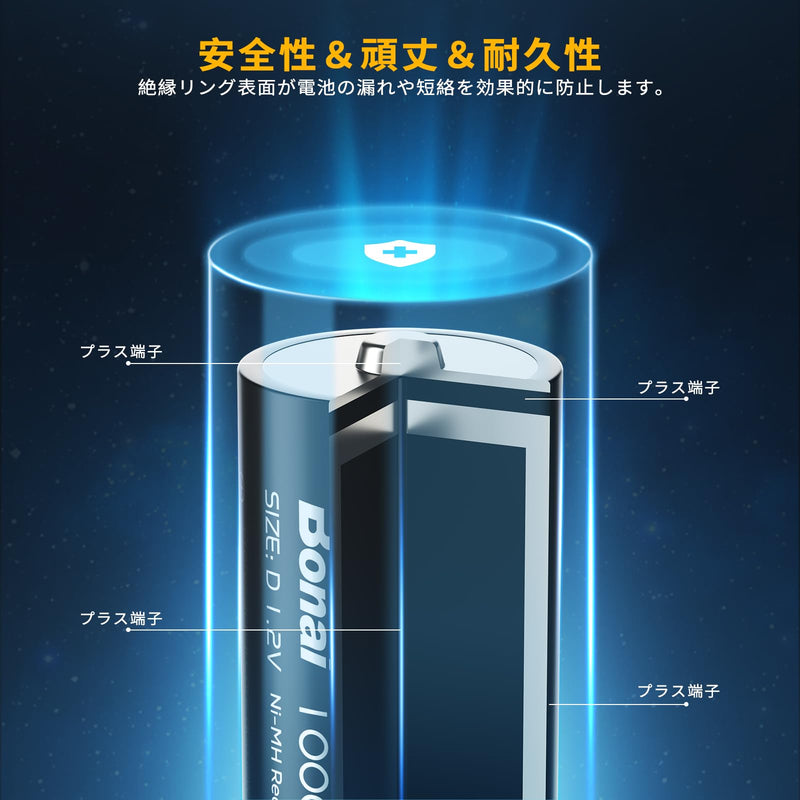 [Australia] - BONAI Rechargeable D Cells 10,000mAh 1.2V Ni-MH High Capacity High Rate D Size Battery (4-Counts) 