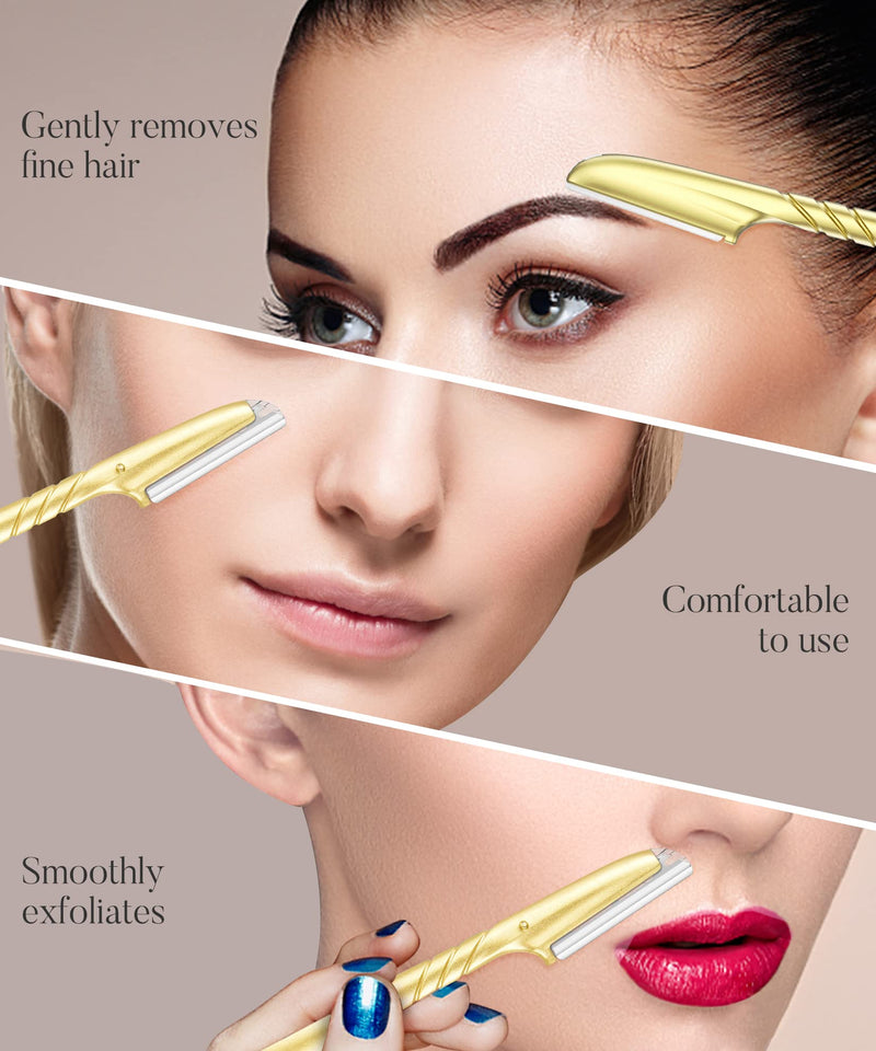 [Australia] - ennva Eyebrow Razor for Women - Eyebrow Trimmer Dermaplaning Tool- Ergonomic Eyebrow Shaper and Facial Razor for Peach Fuzz-Exfoliating Face Razor for Eyebrows-Eye Brow Shaver Razors w/ 7 Blades- Gold 