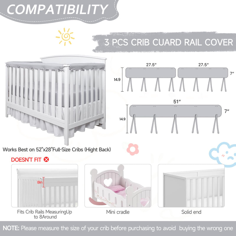 [Australia] - Gray 3pcs New Teething Edge Crib Rail Cover&Corner Guard Coverage Straps,Reversible Guardrail Cover Protector for Boys Girls(1 Long 2 Short) 3-Piece Set Grey 