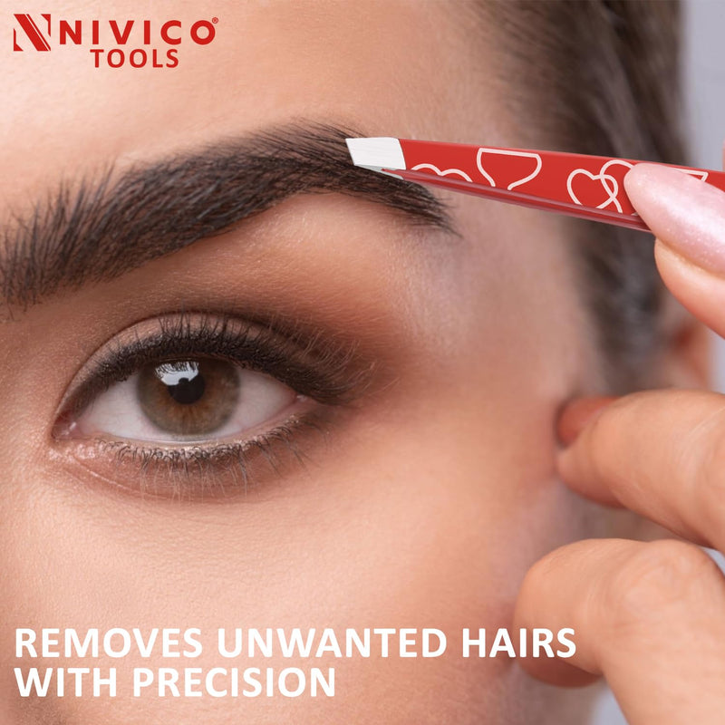 NIVICO Eyebrow Tweezer Hair Removal, Slant Stainless Steel 9.5cm Ingrown Facial Hair Tweezers for Men And Women (Red Coated)
