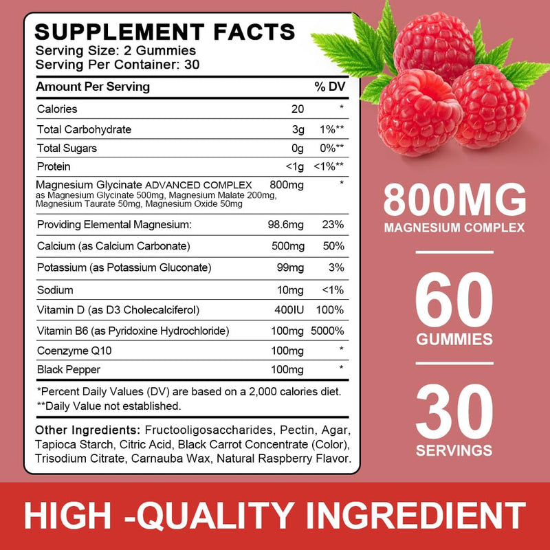 Sugar Free Magnesium Glycinate Gummies, 500mg Magnesium Glycinate with 200mg Magnesium Malate, Taurate, Oxide, COQ10, Vitamin B6 and D3, Relaxation, Calm Mood, 60 Raspberry Gummies(3 Pack) 60 Count (Pack of 3)