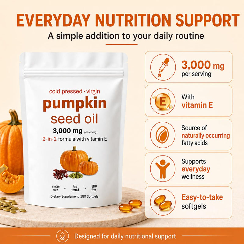 Pumpkin Seed Oil Capsules 3000mg per Serving | Cold Pressed Pumpkin Seed Oil with Linoleic & Oleic Acid, 180 Softgels | Non-GMO | Resealable Pouch