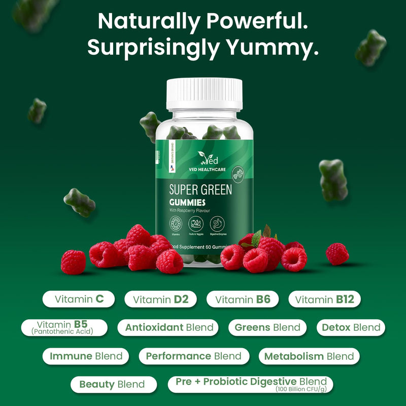 VED Super Green Gummies - Green Vitamin Gummies for Adults - Super Greens & B12 Gummy Supplement - Enhanced Nutrition with Greens Supplement.