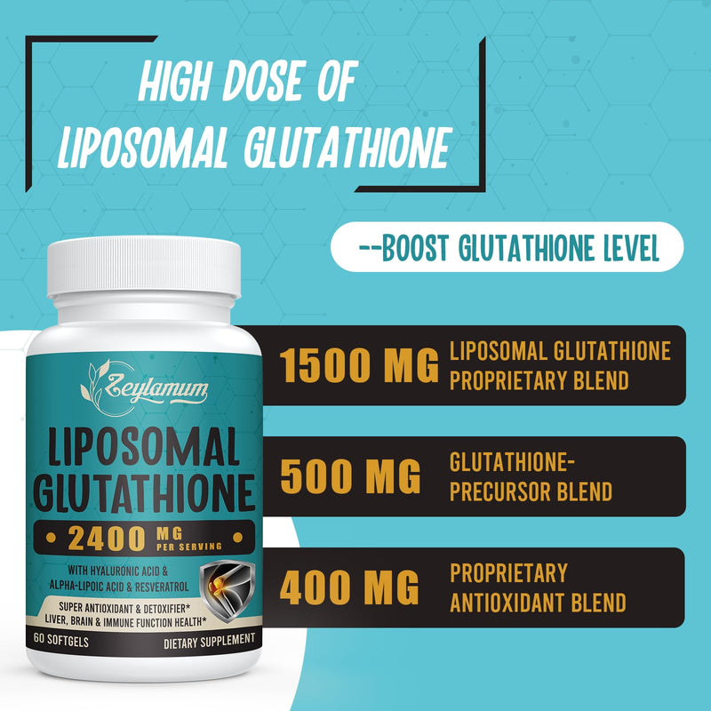 [Australia] - 2400 MG Liposomal Glutathione Softgels, Max Absorption, Active Form L-Glutathione Reduced (GSH), with Hyaluronic Acid, Resveratrol, Master Antioxidants for Detox, Brain, Immune System, 120 Softgels 60 Count (Pack of 2) 