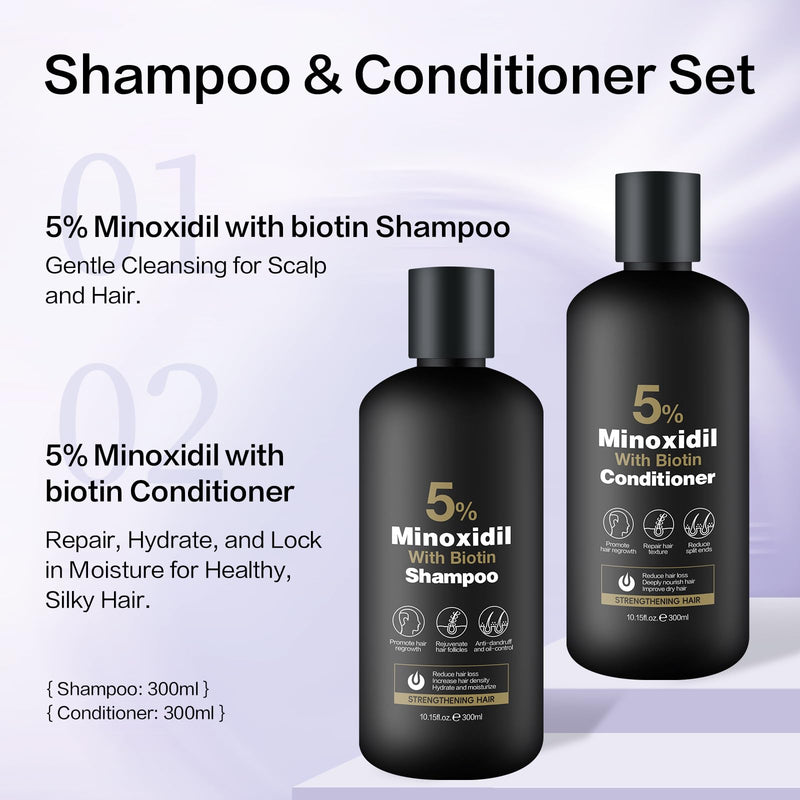 Minoxidil Shampoo & Conditioner Set for Hair Growth – Biotin, Ginseng & Ginger – Supports Thicker, Fuller Hair – Scalp Care Formula – For Men & Women – 600ml Duo