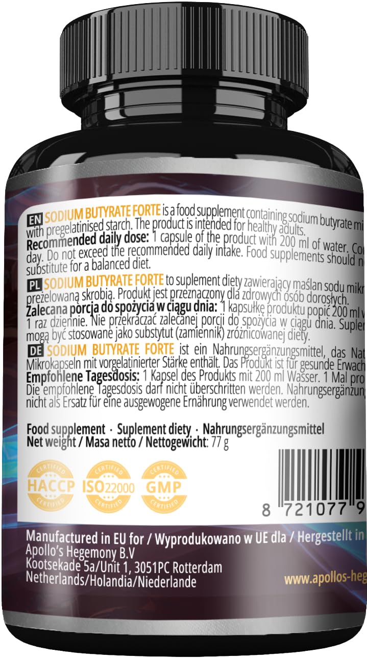 [Australia] - Sodium Butyrate Forte 400mg (80% butyric acid) - 100 vegan capsules - 100 day supply - dietary supplement to support general intestinal health - from Apollo's Hegemony. Capsule 100 pieces (pack of 1) 