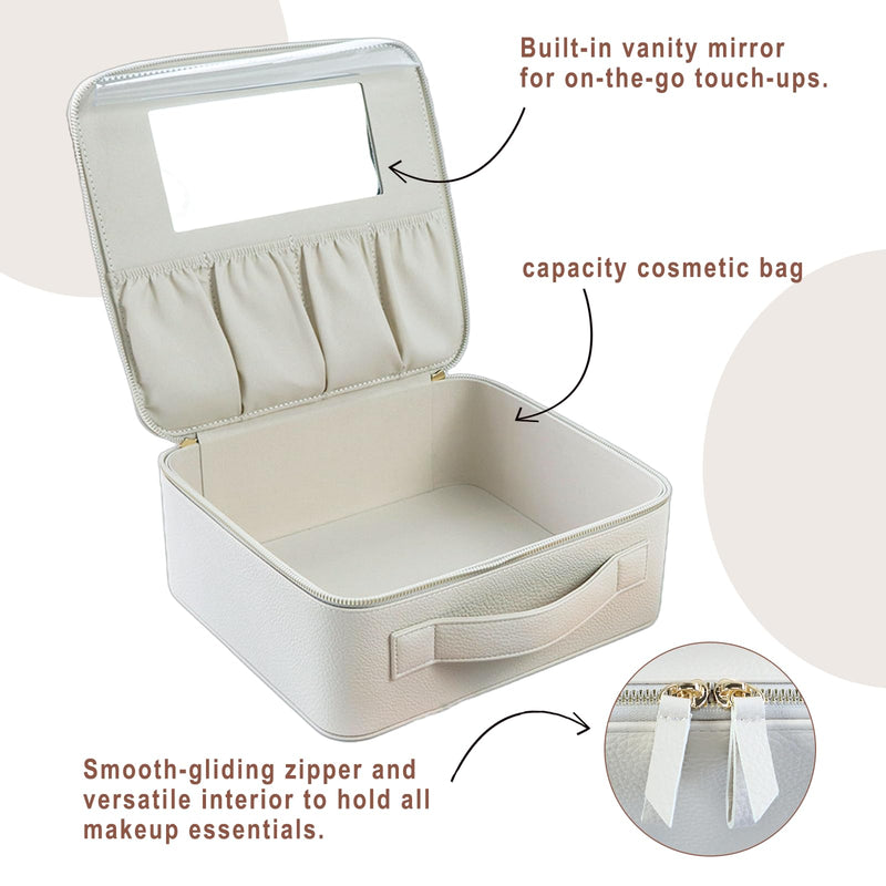 Hard Shell Makeup Brush Case with Mirror Travel Cosmetic Organizer | Dust-Proof Protection,Large Capacity Storage,Sturdy & Portable ,Professional-Grade Design Beige