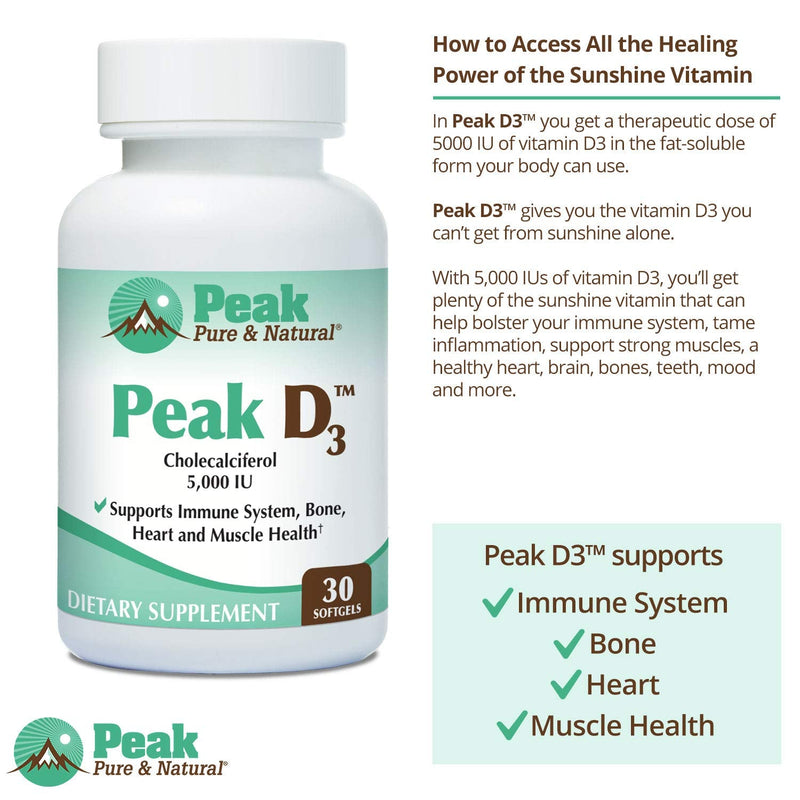 Peak Pure & Natural Peak D3 - Calciferol Vitamin D3 5,000 IU - Immune Support - Support Heart Health - Boost Energy - Daily Vitamin for Adults | 30 Capsules