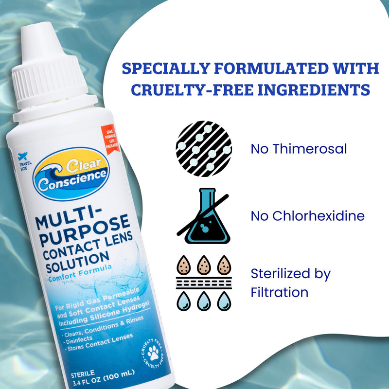 [Australia] - Cruelty-Free Multipurpose Contact Solution Travel Size - Mild Cleaner & Conditioner for Eye Contact Lens Care by Clear Conscience, 3 Fl oz (4 Pack) 4.0 