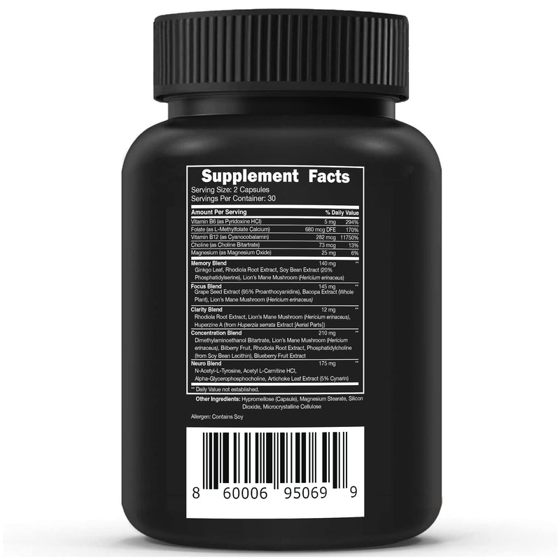 Vital Vitamins Brain Booster Plus for Memory, Focus & Clarity | Five Nootropic Blends with Lion's Mane Mushrooms, Ginkgo & Rhodiola, Vegan, 60 Capsules 60 Count (Pack of 1)