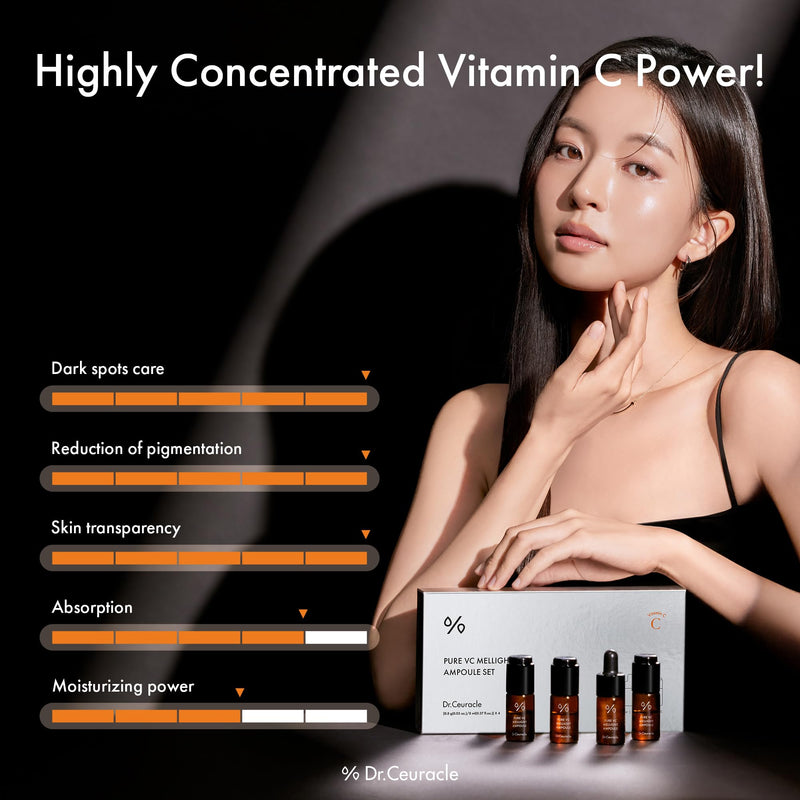 Dr.Ceuracle Pure Vitamin C Mellight Ampoule Set - Vitamin C Serum for Face, 4 Week Program for Anti-Oxidant, Fade Pigmentation, Skin Radiance, Korean Skincare (4 Counts (Pack of 1))